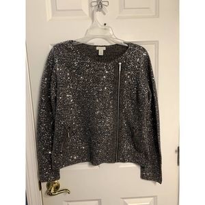 Chico's Gray and Blue Sequin Wool Blend Moto Cardigan Size 1